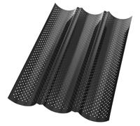 Kievano Moule à Baguette en Acier Carbone Antiadhésif - Plaque Perforée pour 3 Baguettes - Cuisson Homogène et Croûte Croustillante - Noir - 38×23 cm