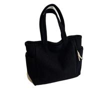 KIFSDLF Sac Cabas en Velours côtelé avec Fermeture éclair, léger et Grande capacité, bandoulière Fixe, Couleur Unie, idéal for Les trajets Quotidiens(Black)