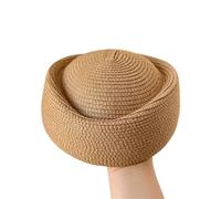 KIFSDLF Summer Paper Straw Teardrop Hat Lady Stewardess Berets Sunhat Airline Flight Attendant Vintage Pillbox Bonnet(Khaki)
