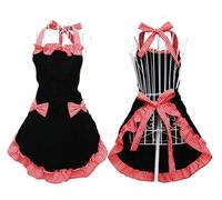 KIFSDLF Tablier de cuisine mignon uniforme tablier tenue robe femmes fille mode joli nœud papillon dentelle avec poches(Black -red)