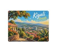 Kigali, Rwanda Cityscape Illustration Plaque Métal, Décoration Murale | Choisissez des plaques murales en métal comme cadeau de fin d'année pour les fans de style vintage.