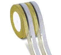Kiiwah 100 Mètres Ruban de Noël en Ruban Doré Argenté pour Emballage de Cadeaux, Ruban d 'Organza Scintillant pour Rubans de Noël Artisanat de Bricolage