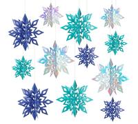 Kiiwah 12 Pièces 3D Flocon de Neige Decoration Noel, Scintillantes Holografisch Ornement pour Deco Sapin de Noel, Bleu Flocon de Neige Pendentif pour Décoration Noel Sapin, Cheminée, Fenêtre