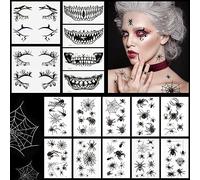 Kiiwah 18 pcs Halloween Tatouage Temporaires pour Visage Imperméables, Horreur tatouage bouche Halloween, tatouage d'oeil Halloween,tatouage araignée faux Halloween pour Fête de carnaval Cosplay
