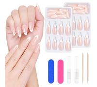 Kiiwah Amande Longue French Manucure Faux Ongles, Aurore Rose avec Bord Du Croissant Faux Ongles Kit, French Press On Nails et Accessoires pour Femmes et Filles Diy Manucure Salon
