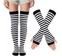 Kiiwah Chaussettes Hautes Rayées et Gants Longs Rayés, Chaussettes Longues en Tricot Ensemble de Gants Sans Doigts pour Filles et Femmes Costume de Fête