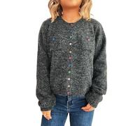 KIJSKKOPO Cardigan Court en Tricot Beige pour Femme, Manches Longues, Col Ras du Cou, Boutons Colorés, Veste Pull en Tricot, Automne-Hiver, Élégant, Coupe Slim, Haut Knit avec Poche, Gris Foncé