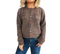 KIJSKKOPO Cardigan Court en Tricot pour Femme avec Poches, Beige, Col Ras du Cou, Boutons Colorés, Cardigan, Veste Pull, Manteau Chaud Et Décontracté, Haut Tricot À Manches Longues, Marron, S