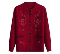 KIJSKKOPO Cardigan Femme Chic Et Elegant,Pull Cardigan Tricoté pour Personnes Âgées, Col Ras du Cou Marron, Boutonné, Jacquard Floral, Pull Court en Tricot, Haut Décontracté, Léger Et Chaud,