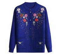 KIJSKKOPO Cardigan Femme Chic Et Elegant,Veste Pull Cardigan Tricoté pour Personnes Âgées, Col Ras du Cou Vert, Bouton, Broderie Florale, Manteau Pull Court en Tricot Diamant Chaud avec Poche, Ha