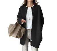 KIJSKKOPO Cardigan Long en Maille pour Femme, Noir, Manches Longues, Col Rond, Boutons Pression Invisibles, Veste De Transition en Maille Torsadée, Pull Chaud Décontracté pour Automne Et Hiver, M