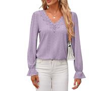 KIJSKKOPO Chemisier À Col en V pour Femme, Bordure en Dentelle Florale, Manches Longues Évasées Bleues, Grille Losanges Creux, Tunique, Pull Over, Chemise Décontractée, Coupe Slim, Travail Quot