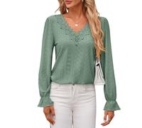 KIJSKKOPO Chemisier À Col en V pour Femme, Bordure en Dentelle Florale, Manches Longues Évasées Bleues, Grille Losanges Creux, Pull Over, Chemise Décontractée, Coupe Slim, Travail Quotidien, Bu