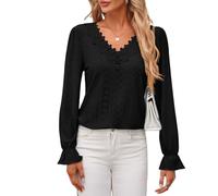 KIJSKKOPO Chemisier À Col en V pour Femme, Bordure en Dentelle Florale, Manches Longues Évasées Bleues, Grille Diamant Creux, Tunique Pull Over, Chemise d'automne, Coupe Slim Décontractée, Trav