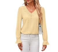 KIJSKKOPO Chemisier À Col en V pour Femme, Bordure en Dentelle Florale, Manches Longues Évasées Bleues, Grille Diamant Creux, Pull Over Tunique, Chemise d'automne, Coupe Slim Décontractée, Trav