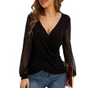 KIJSKKOPO Chemisier Sexy en Dentelle À Col en V pour Femme, Noir. Tunique Transparente À Manches Longues Et Plis Croisés. Coupe Slim Élégante. Pull Over De Soirée Quotidien. Noir S.