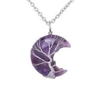 KIJSKKOPO Collier En Pierre De Croissant De Lune, Reiki Naturel Améthyste Arbre De Vie Fil Enroulé Énergie Pierre Précieuse Chakras Cristal Pendentif Collier Bijoux Cadeau pour Femmes Hommes Ado