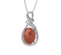KIJSKKOPO Collier Pendentif Élégant En Pierre Naturelle Ovale Taillée, Orné De Zirconiums Cubiques Argentés. Bijou Délicat En Jaspe Rouge, Idéal pour La Fête Des Mères, Un Anniversaire Ou U
