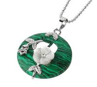 KIJSKKOPO Collier Pendentif Rond En Pierre Naturelle, Feuilles Florales En Argent Rose Incrustées De Cercle Creux Reiki Turquoise Porte Bonheur Pendentif En Cristal Énergie Collier De Pierres Pré