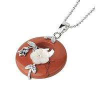 KIJSKKOPO Collier Pendentif Rond En Pierre Naturelle, Feuilles Florales Roses Argentées Incrustées De Cercle Creux Reiki Turquoise Porte Bonheur Pendentif En Cristal Énergie Collier De Pierres Pr