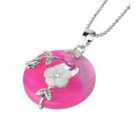 KIJSKKOPO Collier Pendentif Rond En Pierre Naturelle, Feuilles Florales Roses Argentées Incrustées De Cercle Creux Reiki Turquoise Porte Bonheur Pendentif En Cristal Énergie Collier De Pierres Pr