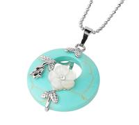 KIJSKKOPO Collier Pendentif Rond En Pierre Naturelle, Feuilles Florales Roses Argentées Incrustées De Cercle Creux Reiki Turquoise Porte Bonheur Pendentif En Cristal Énergie Collier De Pierres Pr