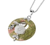KIJSKKOPO Collier Pendentif Rond En Pierre Naturelle, Pendentif En Cristal De Pièce Porte Bonheur Turquoise Reiki, Incrusté De Feuilles Florales En Argent Rose, Collier De Pierres Précieuses Éne
