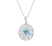 KIJSKKOPO Colliers En Argent Sterling 925 pour Femmes, Pendentif En Pierre Naissance Ovale Incrusté De Fleurs Rondes Et Creuses Brossées Rétro, Collier Ras Du Cou Réglable, Bijoux, Cadeau Bleu