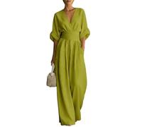 KIJSKKOPO Combinaison D'Été pour Femme, Manches 3/4 Retroussées, Col Cache Cœur En V, Taille Empire Froncée, Style Palazzo, Jambes Longues Et Larges, Avec Poches, Idéale pour des Vacances Déc