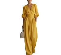 KIJSKKOPO Combinaison D'Été pour Femme, Manches 3/4 Retroussées, Col Cache Cœur En V, Taille Empire Froncée, Style Palazzo, Jambes Longues Et Larges, Avec Poches, Idéale pour des Vacances Déc