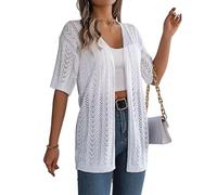 KIJSKKOPO Gilet Cardigan Court À Manches Courtes pour Femme, en Maille Ouverte sur Le Devant, Blanc, À Rayures Ajourées, Style Kimono, Léger Et Fluide, Idéal pour L'Été Et La Plage. Taille XL