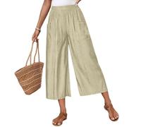 KIJSKKOPO Pantalon Décontracté 7/8 pour Femme, Jambes Larges, Léger, Taille Élastiquée avec Poches, Coupe Ample, Style Palazzo D'Été, Beige, Taille M. Idéal pour Le Travail, La Plage, Les Va