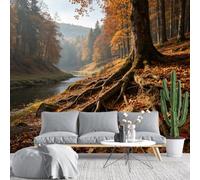 KIJSKKOPO Papier Peint Mural En Soie Forêt D'Automne Et Rivière 105 X 150 cm, Motif Arbres Dorés Et Brumeux, Grand Paysage Vallée, Décoration Murale pour Salon, Chambre Ou Maison. Papier Pein