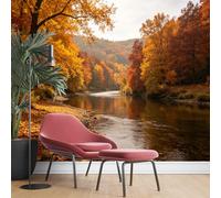 KIJSKKOPO Papier Peint Mural En Soie Imprimé D'Un Feuillage D'Automne Doré Et D'Une Rivière, 70 X 100 cm, Représentant Un Paysage Naturel Pittoresque Avec Des Orangers, pour La Décoration Du S