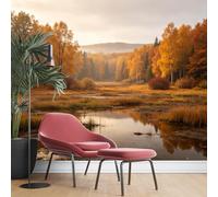 KIJSKKOPO Papier Peint Mural En Soie, Motif Marais D'Automne Au Lever Du Soleil, Avec Reflets Dans L'Eau Et Sous Une Forêt de Bouleaux Dorés. Décoration Murale pour Salon. Papier Peint En Soie, 2
