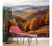 KIJSKKOPO Papier Peint Mural Forêt De Montagne Automnale 256 X 350 cm, Motif Feuillage Doré D'Automne, Imprimé Sur Soie, Paysage Pittoresque Avec Orangers Et Collines Brumeuses, pour La Décorat