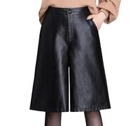 KIJSKKOPO Short Bermuda en Cuir Noir pour Femme, Taille Haute Fermeture Éclair Boutonnée Devant Poches Latérales Pantalon Large Automne Hiver Décontracté Ajusté Punk Goth Party Shorts Sexy Hot