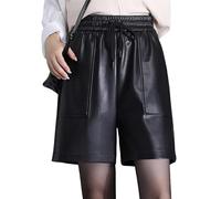 KIJSKKOPO Short en Similicuir Taille Haute pour Femme, Noir Extensible Cordon De Serrage Poches Latérales Short en Cuir PU Short À Jambe Droite Short Décontracté Punk Goth Party Rock Short Sexy