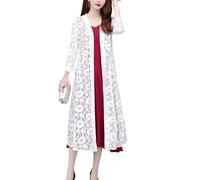 KIJSKKOPO Veste Cardigan Femme,Cardigans Longs en Dentelle pour Femmes, Blancs, Manches 3/4, Devant Ouvert, Fleur Transparente, Maille Légère, Veste Cascade, Manteau D'Été Décontracté Et Élé