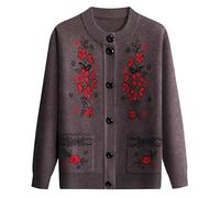 KIJSKKOPO Veste Cardigan Femme,Pull Cardigan Tricoté pour Personnes Âgées, Col Ras du Cou Marron, Boutonné, Floral, Jacquard, Pull Court, Haut en Tricot, Grand Mère, Décontracté, Léger, Chau
