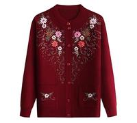 KIJSKKOPO Veste Cardigan Femme,Pull Cardigan Tricoté pour Personnes Âgées, Col Ras du Cou Vert, Bouton, Broderie Florale, Manteau Pull Court en Tricot À Diamants Chauds avec Poche, Hauts en Tric