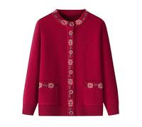 KIJSKKOPO Veste Cardigan Femme,Pulls Cardigans Tricotés Doublés De Polaire Minces D'Âge Moyen Et Âgés, Manteau en Tricot Jacquard Floral À Col Rond Rouge avec Poche, Vêtements D'Extérieur Ch
