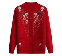 KIJSKKOPO Veste Cardigan Femme,Veste en Tricot pour Personnes Âgées, Col Ras du Cou Vert, Bouton, Broderie Florale, Manteau Pull Court en Tricot À Diamants Chauds avec Poche, Hauts en Tricot Chau