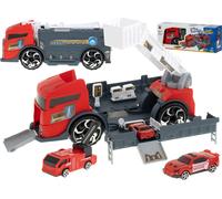 KIK KX5994 TIR Transporter 2in1 Parking Garage Pompiers + 3 Voitures Rouge