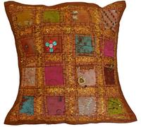 KIKAN Housse de coussin 40,6 x 40,6 cm, broderie indienne, patchwork sari carré avec fermeture éclair, 40 cm (marron)