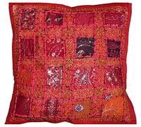 KIKAN Housse de coussin 40,6 x 40,6 cm, broderie indienne, patchwork sari carré avec fermeture éclair, 40 cm (rouge)