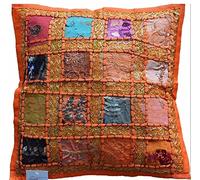 KIKAN Housse de coussin 40,6 x 40,6 cm, broderie indienne, patchwork sari carré, fermeture éclair, 40 cm (orange)