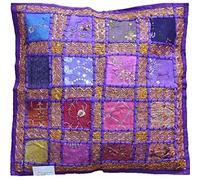 KIKAN Housse de coussin 40,6 x 40,6 cm, broderie indienne, patchwork sari carré, fermeture éclair, 40 cm (violet)