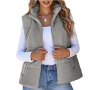 KIKBAX Corduroy Puffer Vest Women, Stand Collar Corduroy Coat with Pockets, Cropped Puffer Jacket Vest Winter Sleeveless Warm Lightweight(Grey,M)