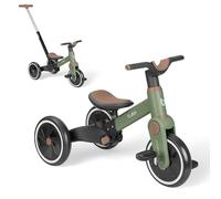 KikkaBoo Tricycle Bébé Évolutif 5 en 1 Flash, Vélo sans Pédales et Draisienne Évolutive, Poignée Parentale Réglable, Roues EVA, Cadre en Acier, 1,5 à 4 Ans, Vert Militaire